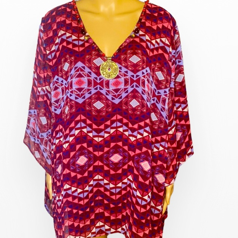 Diva Collection V Tunic  beaded neck and medallion Scarlet Geometry Print Tunic
